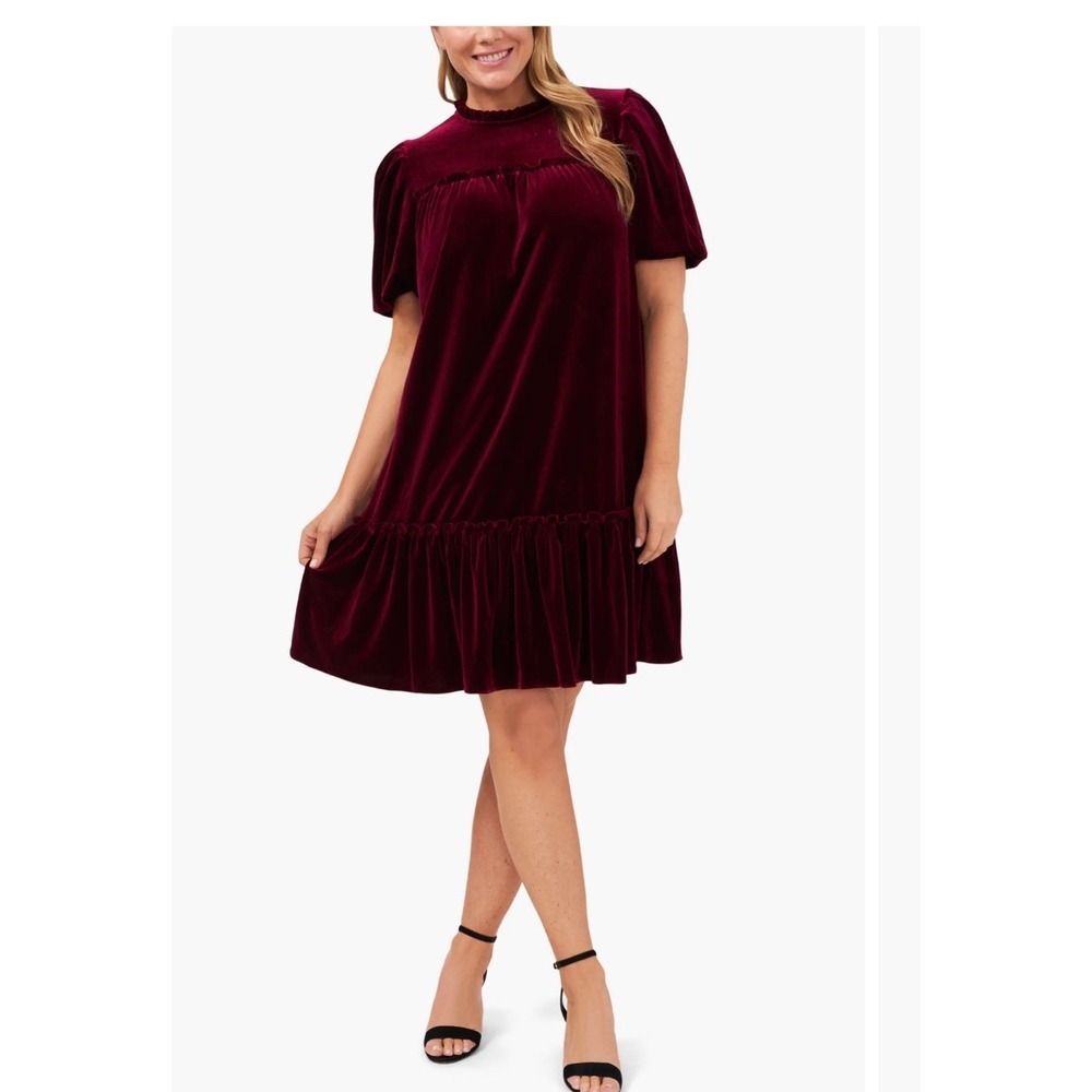 Cece Dress Womens S Burgundy Ruffle Velvet Drop‎ Waist Frilled Collar Slip